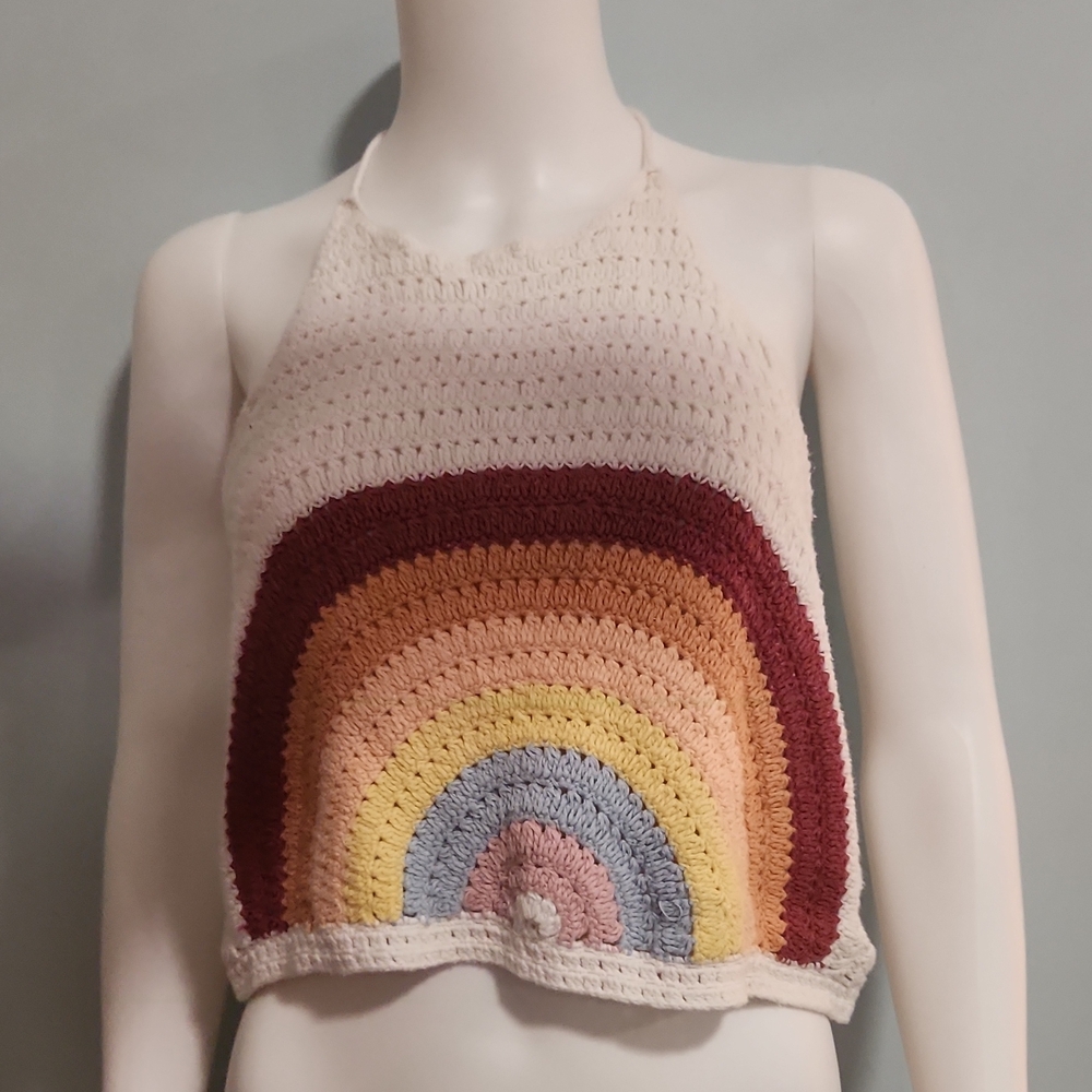 Hand-Crocheted Rainbow Halter Crop Top - Multi